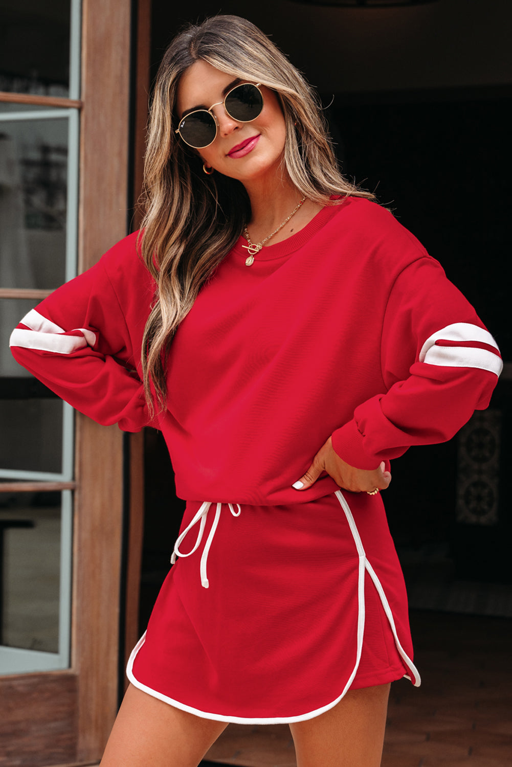 Tillandsia Purple Varsity Stripe Detail Drop Shoulder Pullover Mini Skort Set