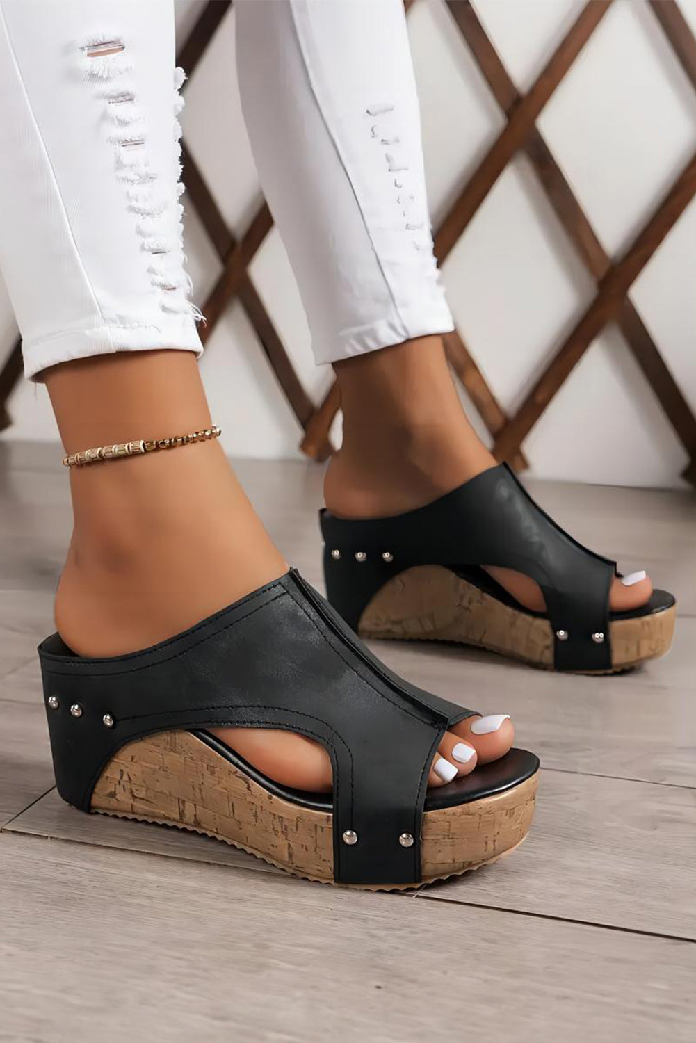 Gray Hollow Out Studded PU Leather Wedge Slippers