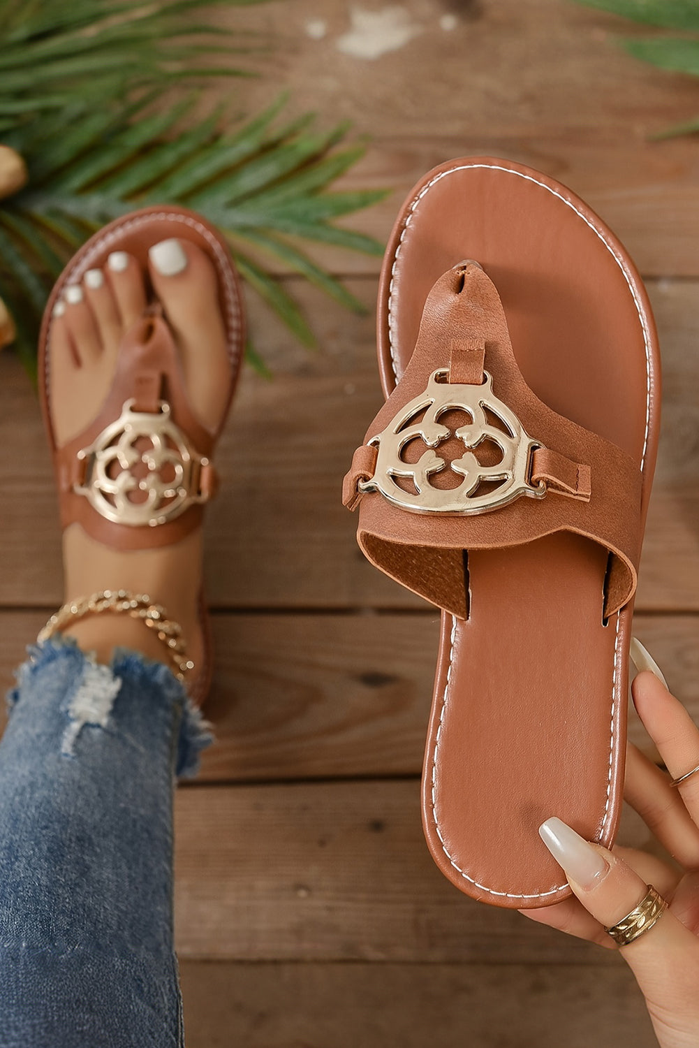 White Metal Decor Leather Thong Slippers