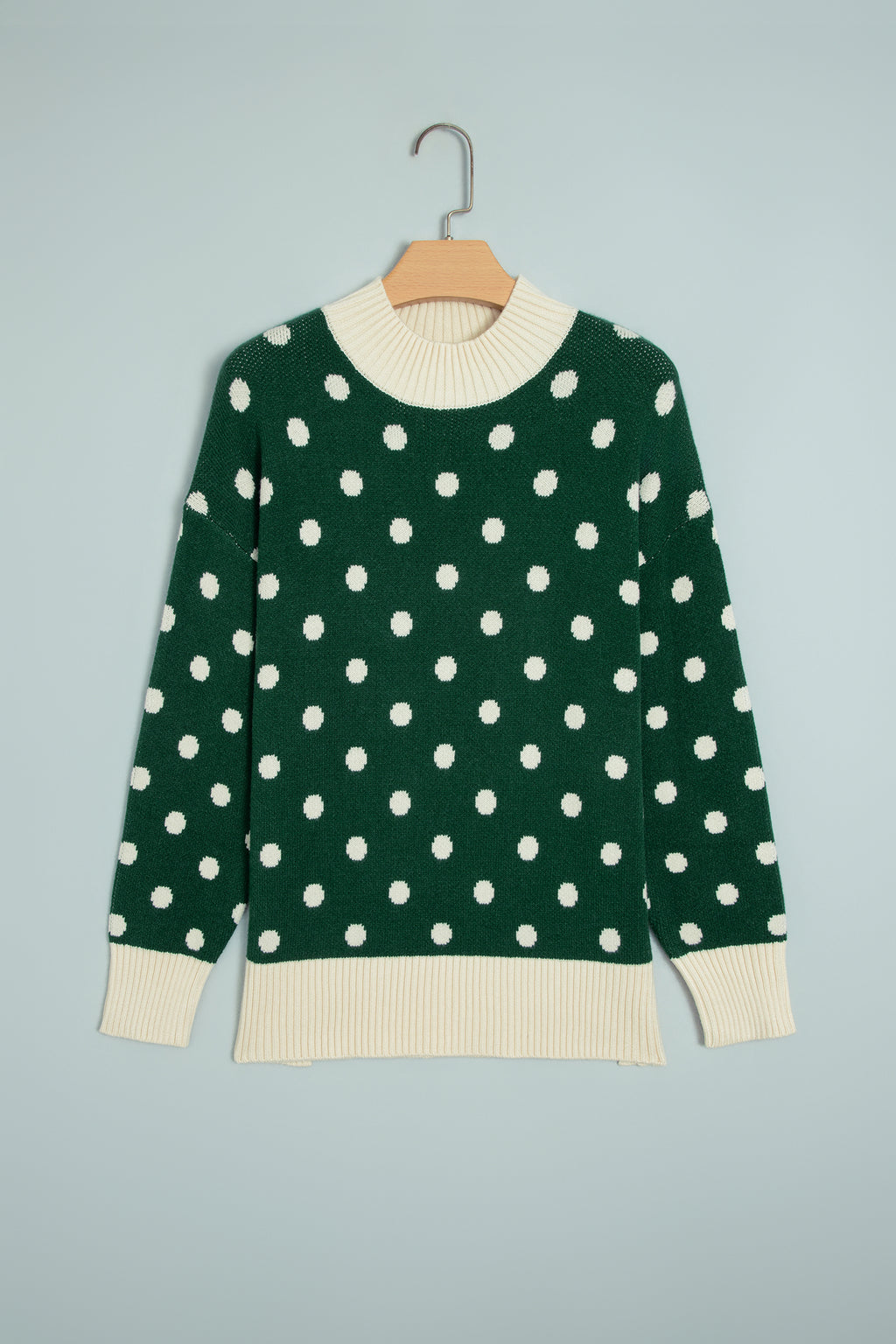 Red Polka Dot Pattern Ribbed Colorblock Trim Split Tunic Sweater