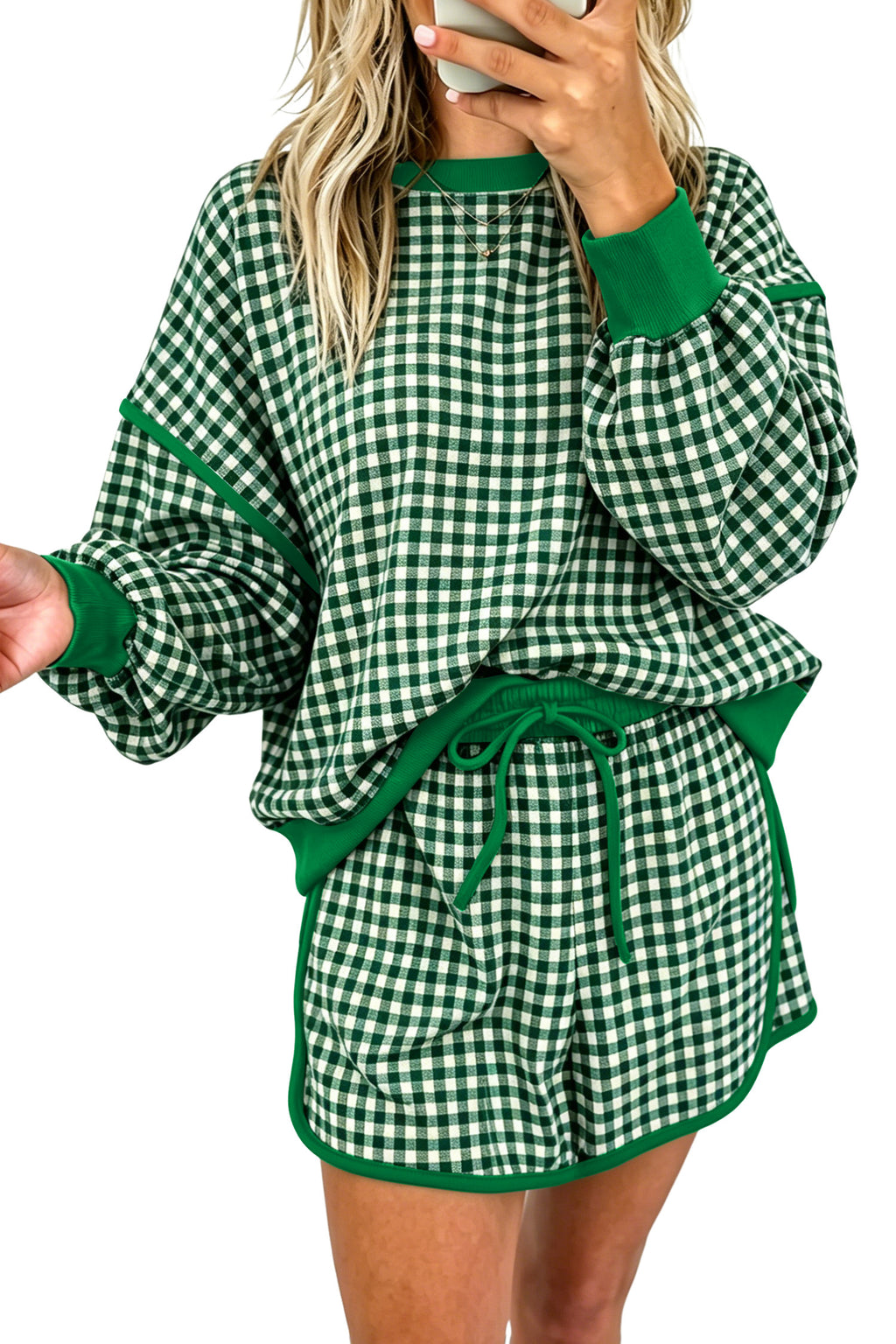 Red Gingham Oversized Ribbed Trim Crew Neck Long Sleeve Top and Skort Set