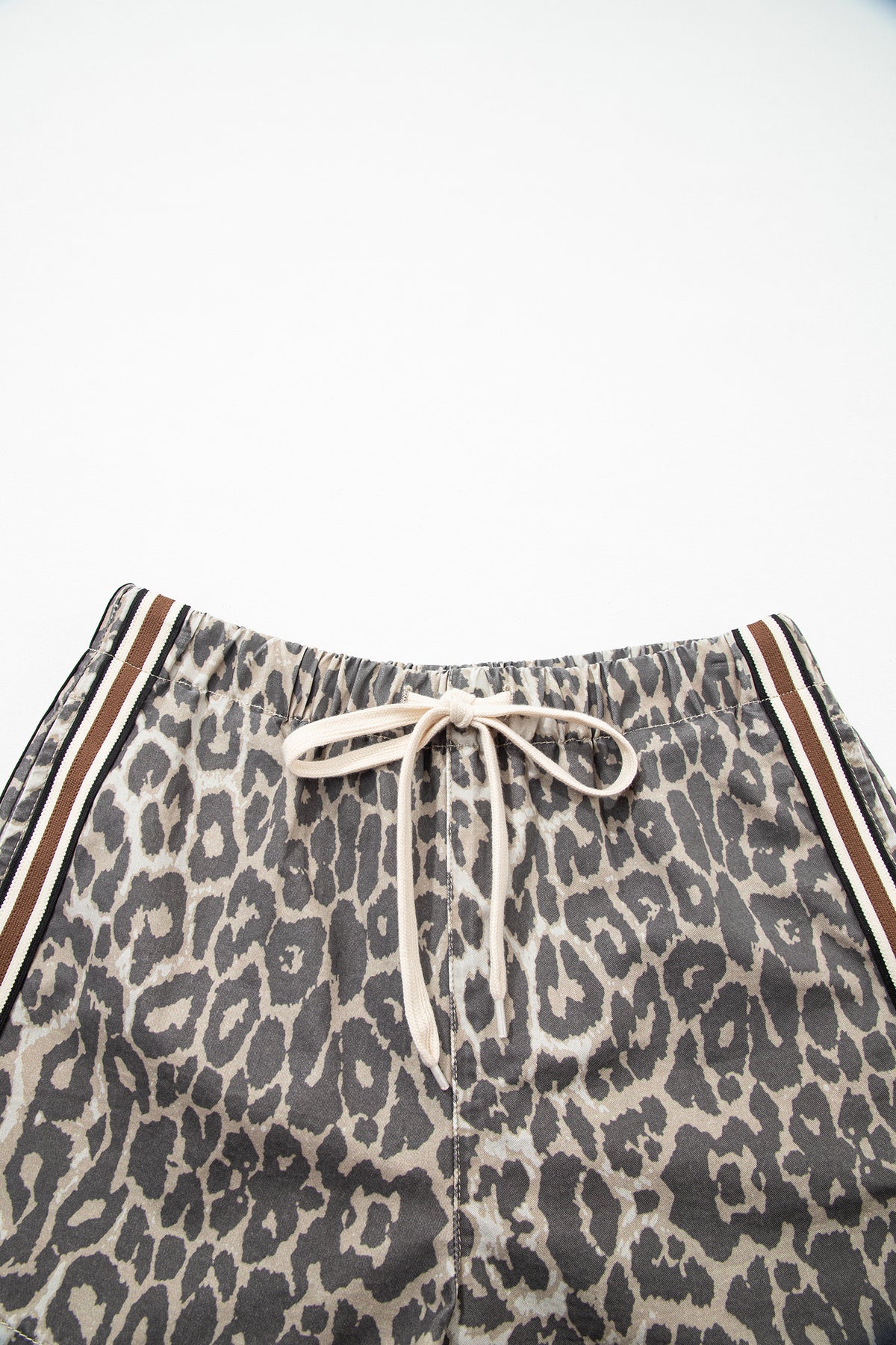 Multicolour Leopard Pattern Striped Detail Drawstring Denim Shorts
