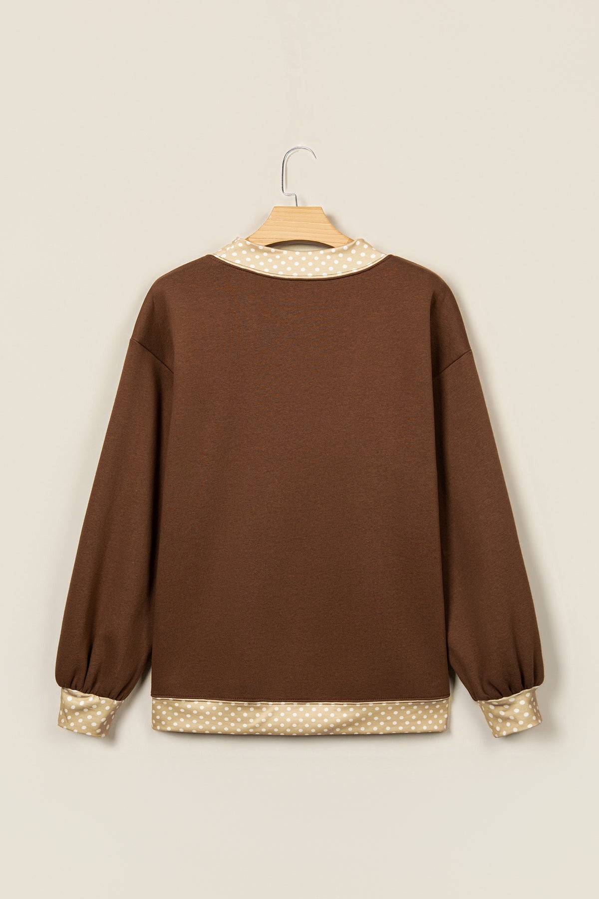 Coffee Polka Dot Trim High Neck BLESSED Letter Graphic Baggy Sweatshirt