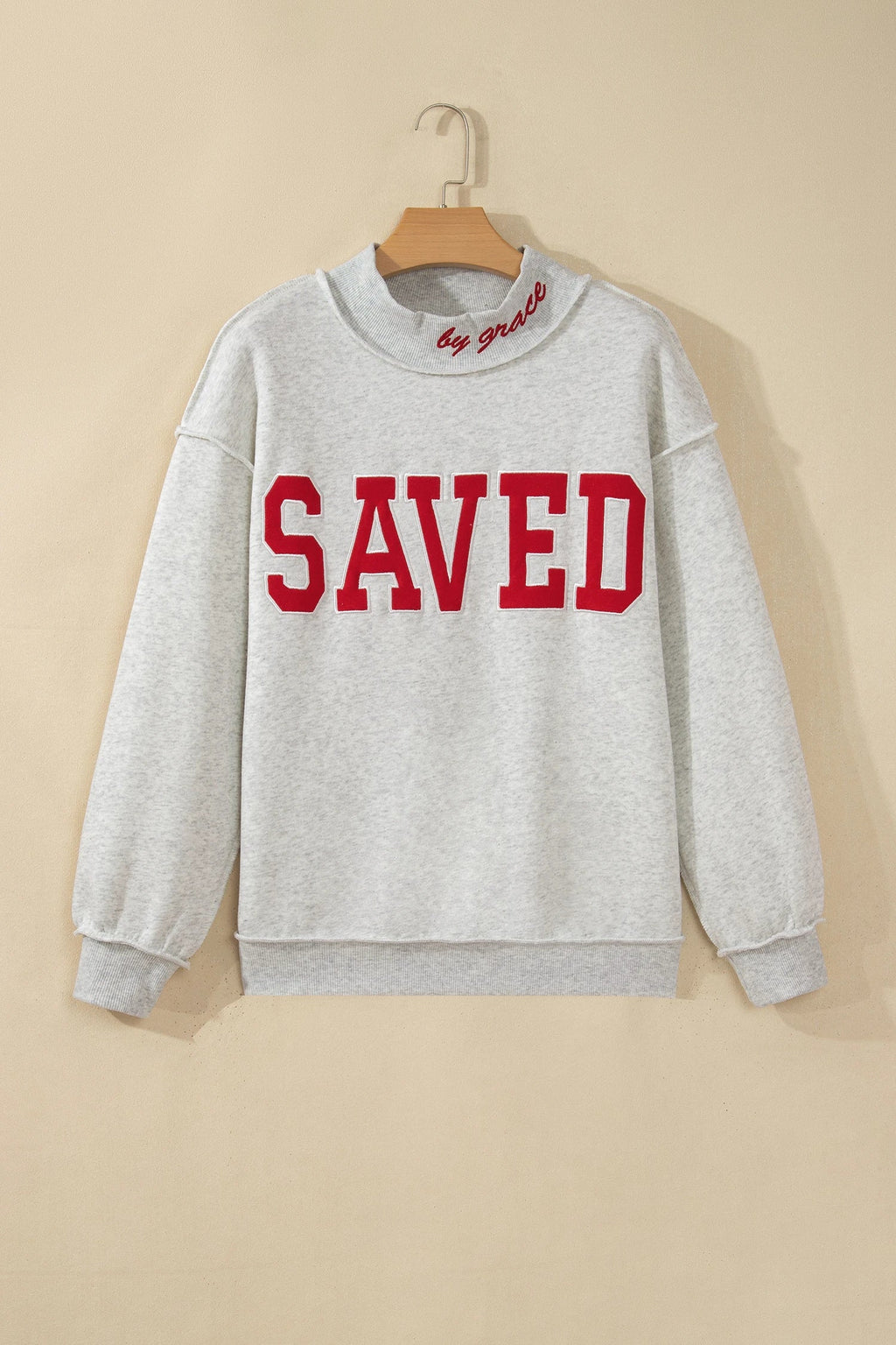 Saved By Grace Embroidered Graphic Mock Neck Sweatshirt