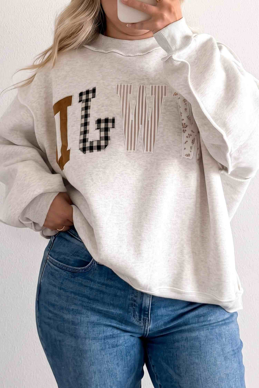 Coffee WWJD Mix Pattern Letter Graphic Exposed Seam Loose Plus Size Sweatshirt
