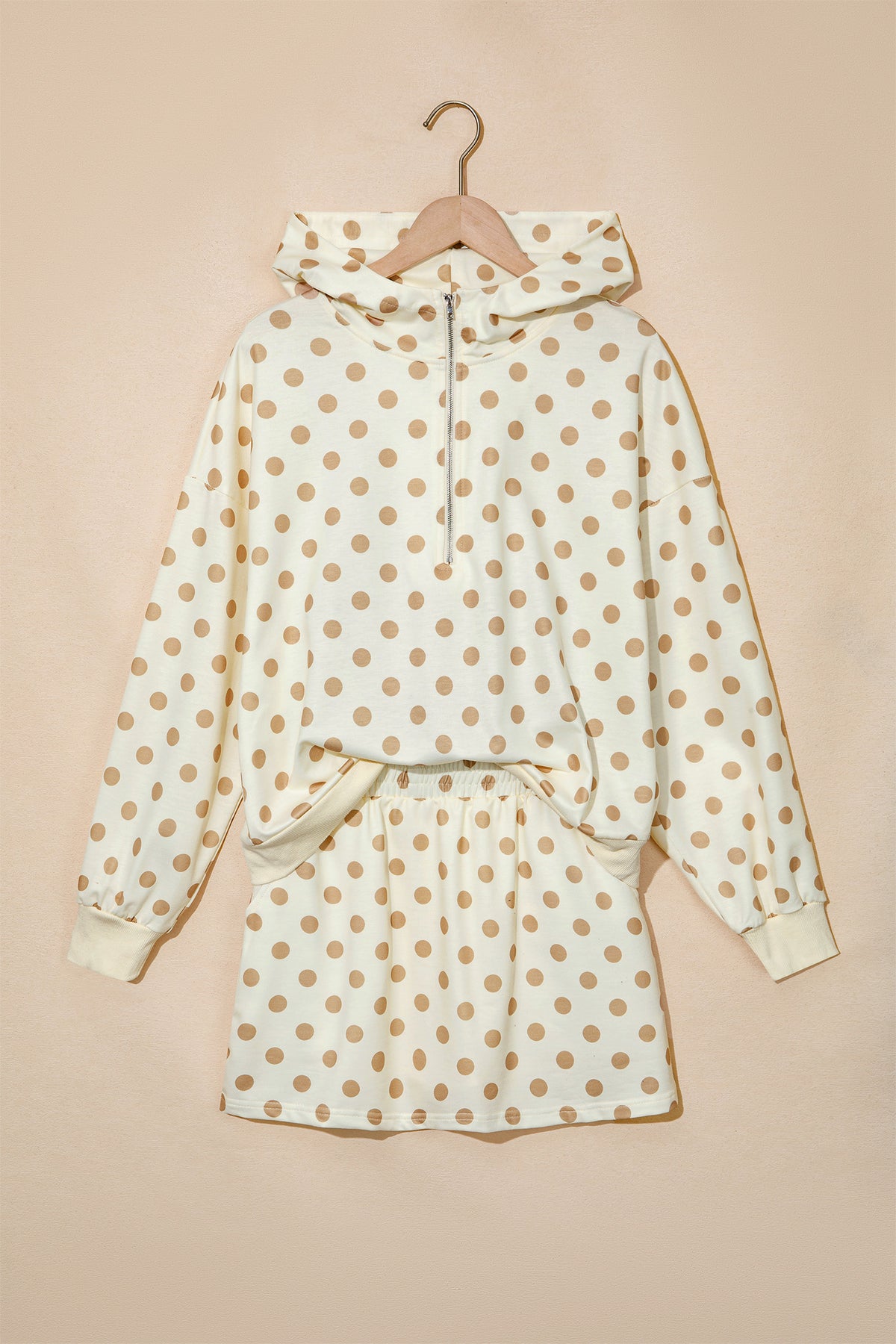 Pink Polka Dot Hooded Long Sleeve Top Casual Mini Skort Set