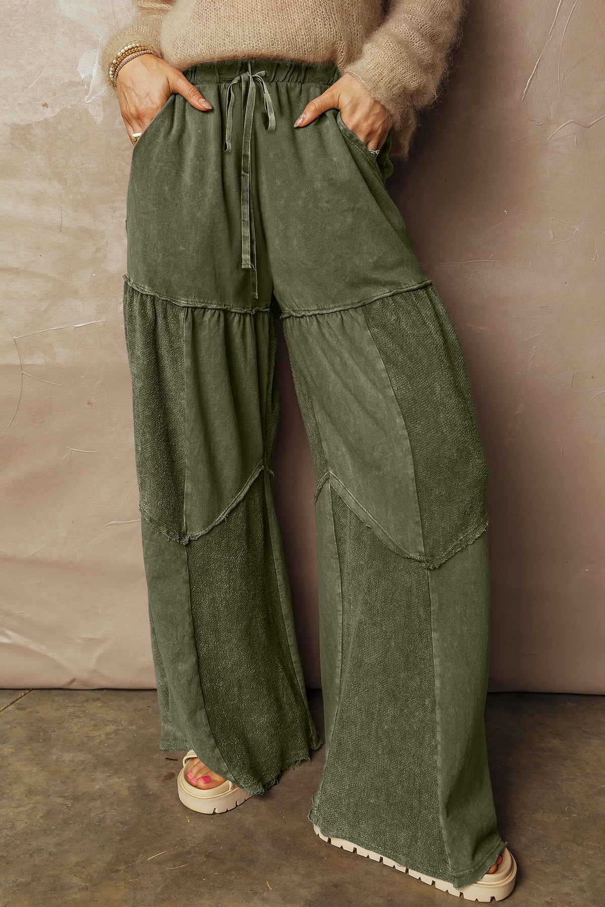 Careys Mineral Wash Tiered Wide Leg Patchwork Drawstring Pants