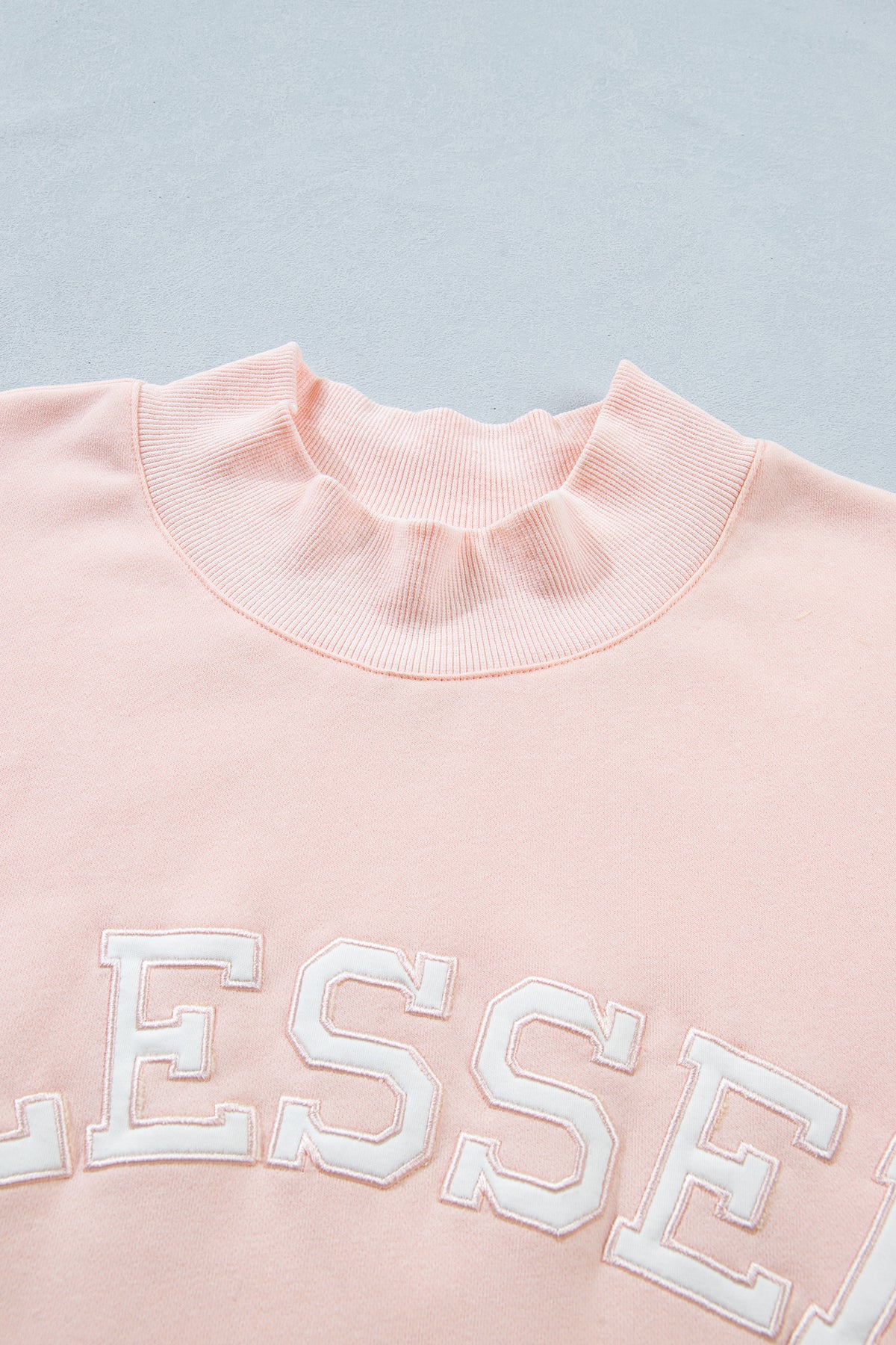 Light Pink BLESSED Embroidered Trim Patch Graphic Plus Size Mock Neck Sweatshirt