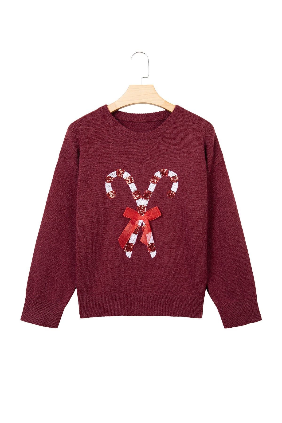 Red Dahlia Sequined Candy Cane Festive Casual Christmas Sweater