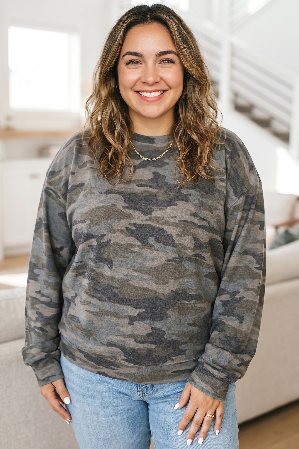 Green Camo Print Long Sleeve Plus Size Blouse