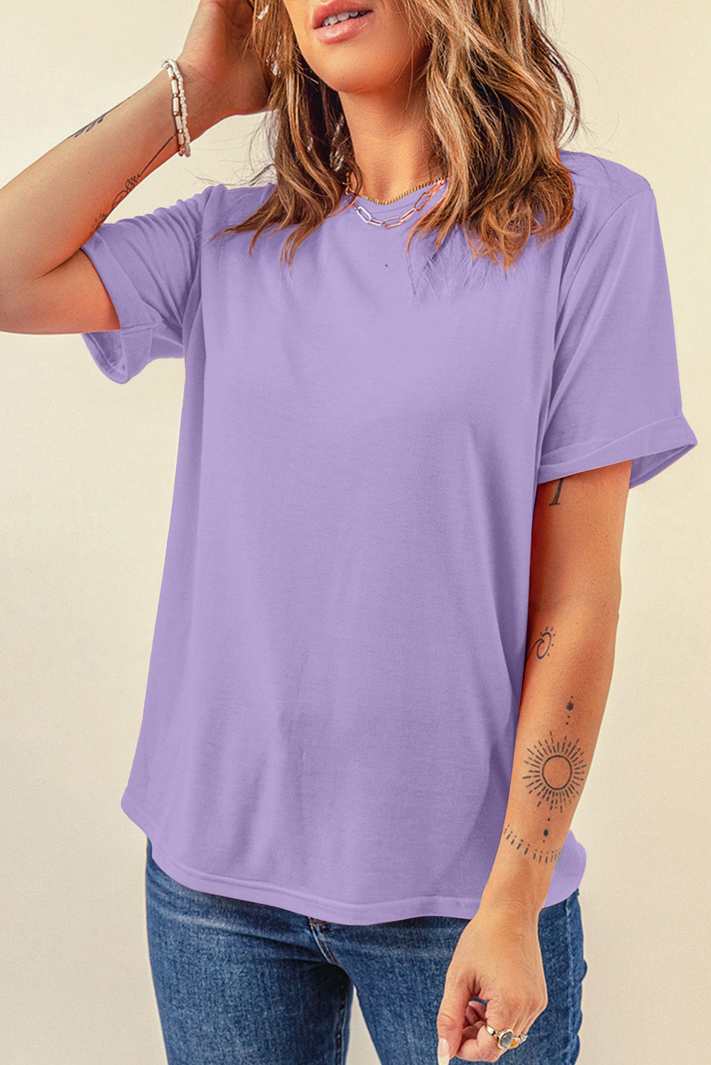 Tillandsia Purple Casual Plain Crew Neck Tee