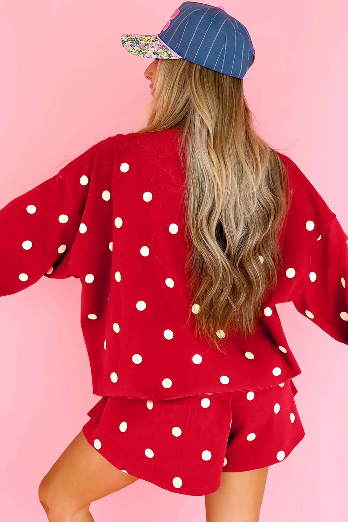 Black Polka Dot Raw Hem Relaxed Pullover Loose Skort Two Piece Set