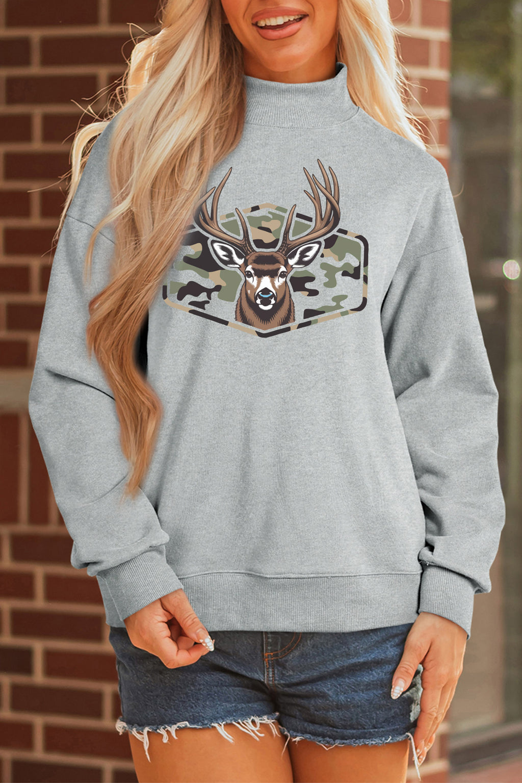 Gray Oversize Camouflage Reindeer Print Mock Neck Sweatshirt