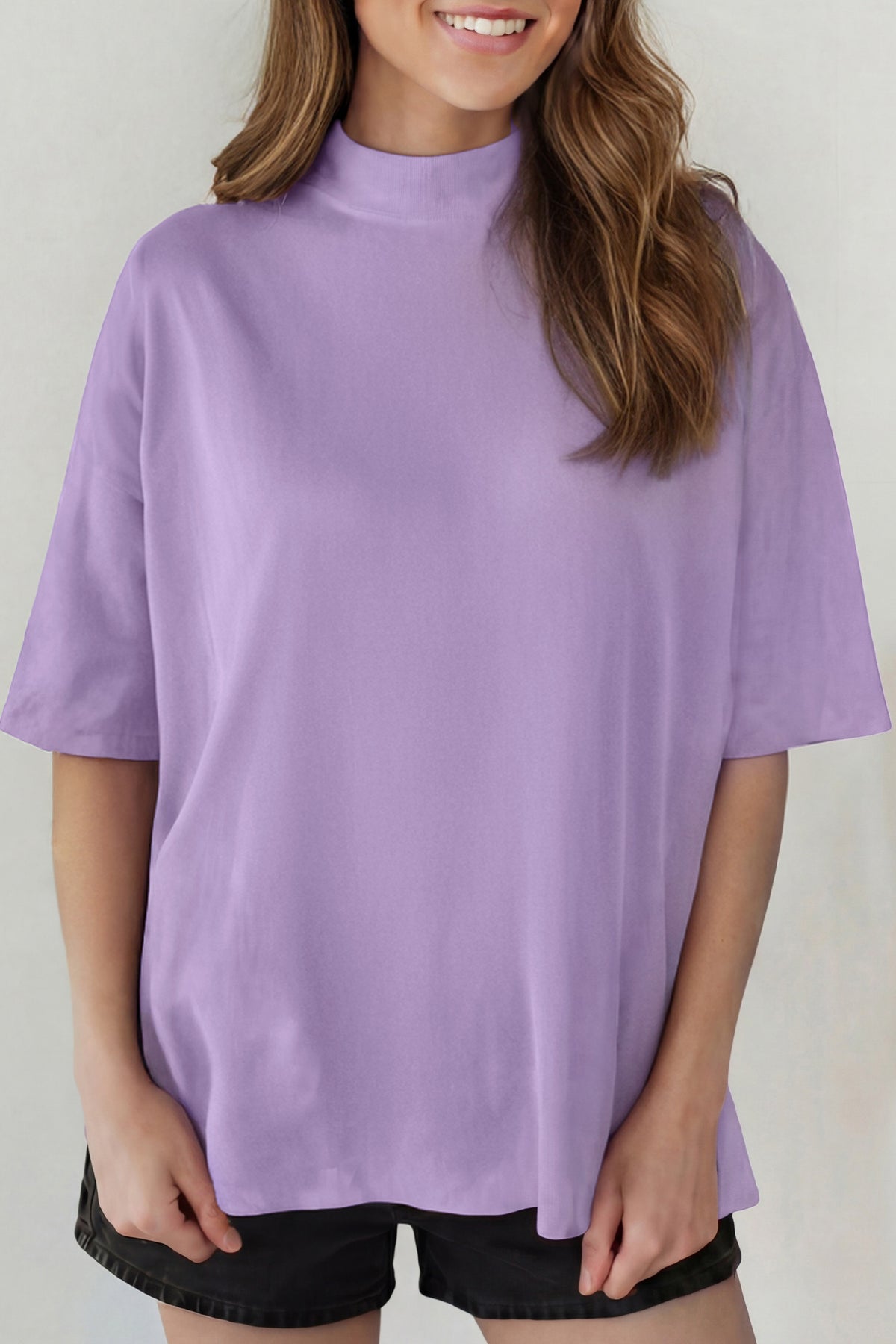 Dark Blue Solid Color High Neck Oversize Tee