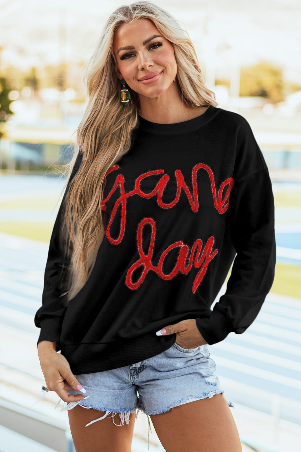 Russet Orange Tinsel Game Day Drop Shoulder Graphic Sweatshirt