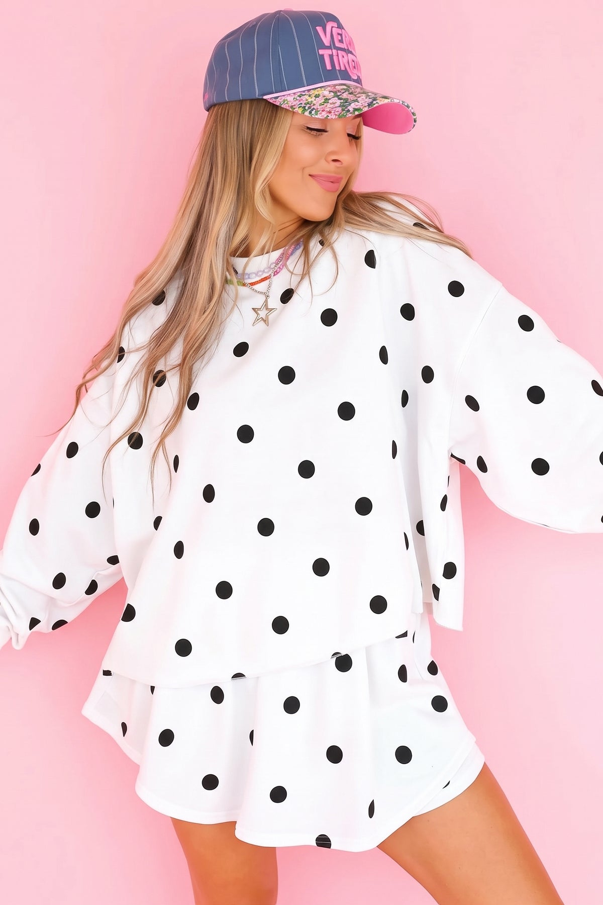 Black Polka Dot Raw Hem Relaxed Pullover Loose Skort Two Piece Set