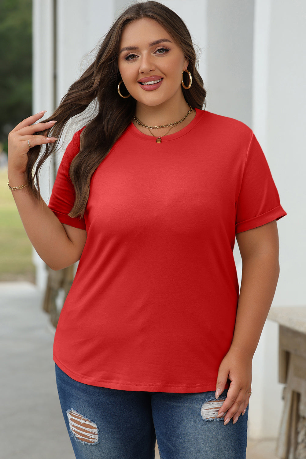 Tillandsia Purple Casual Plain Crew Neck Tee
