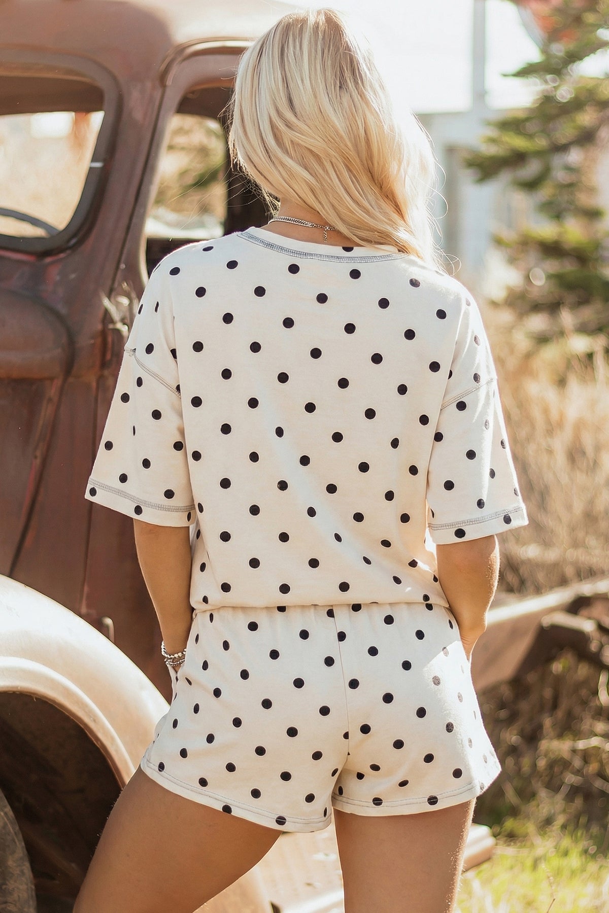 Pink Polka Dot Short Sleeve Loose Top Drawstring Shorts Set
