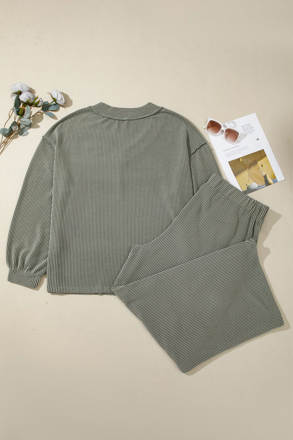 Four Leaf Clover Twisted Ribbed Exposed Seam Detail V Neck Pullover Plus Size Pant Set