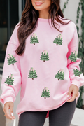 Pink Sequined Xmas Tree Patched Patterned Holiday Pullover Sweatshirt