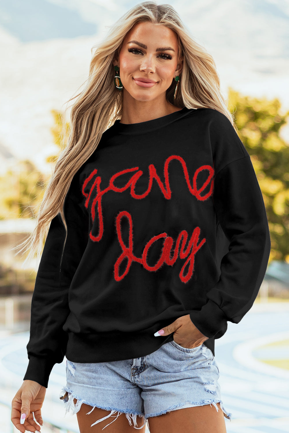 Russet Orange Tinsel Game Day Drop Shoulder Graphic Sweatshirt