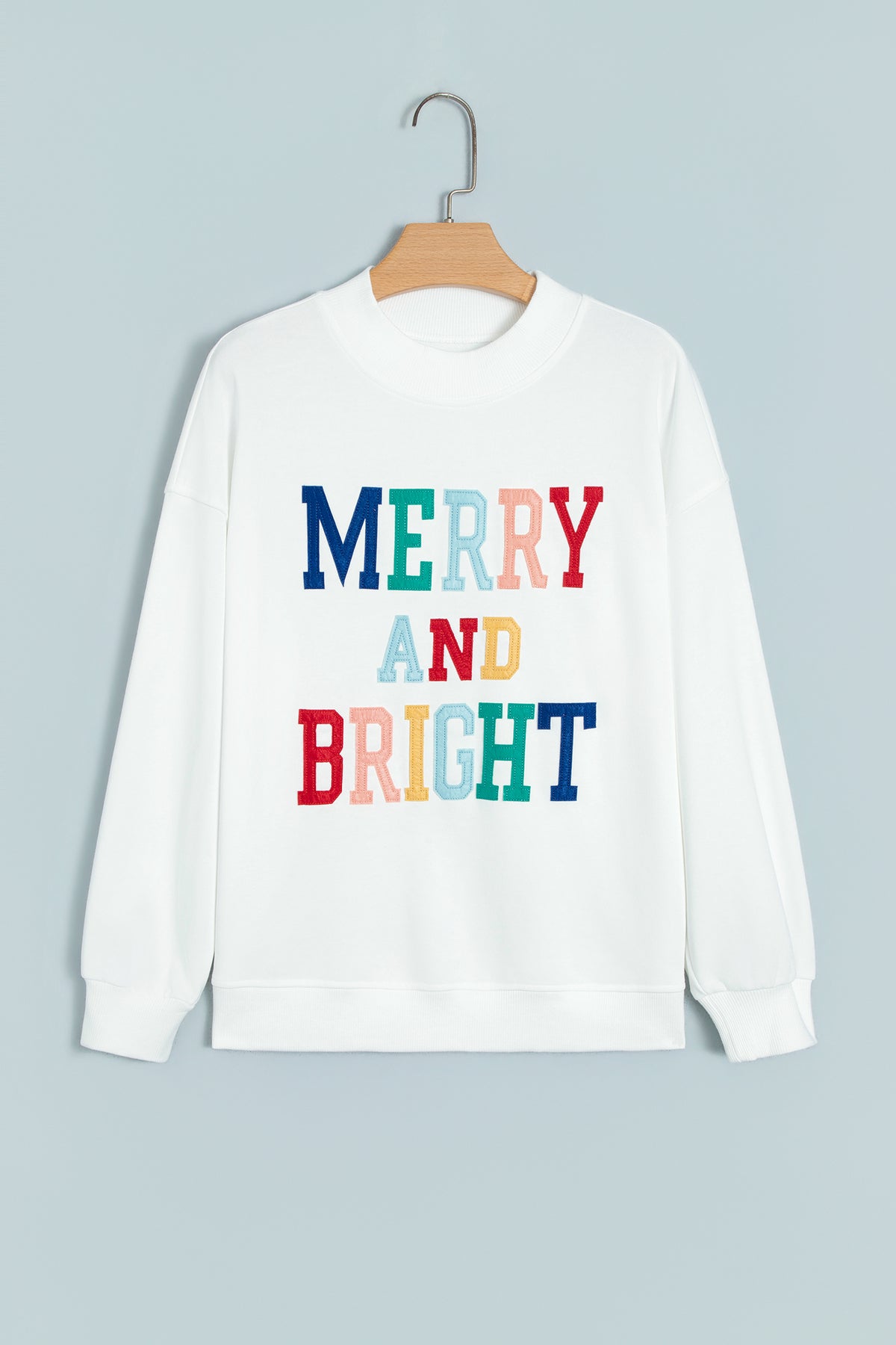 Peach Blossom MERRY AND BRIGHT Stitched Letter Pattern Mock Neck Sweatshirt