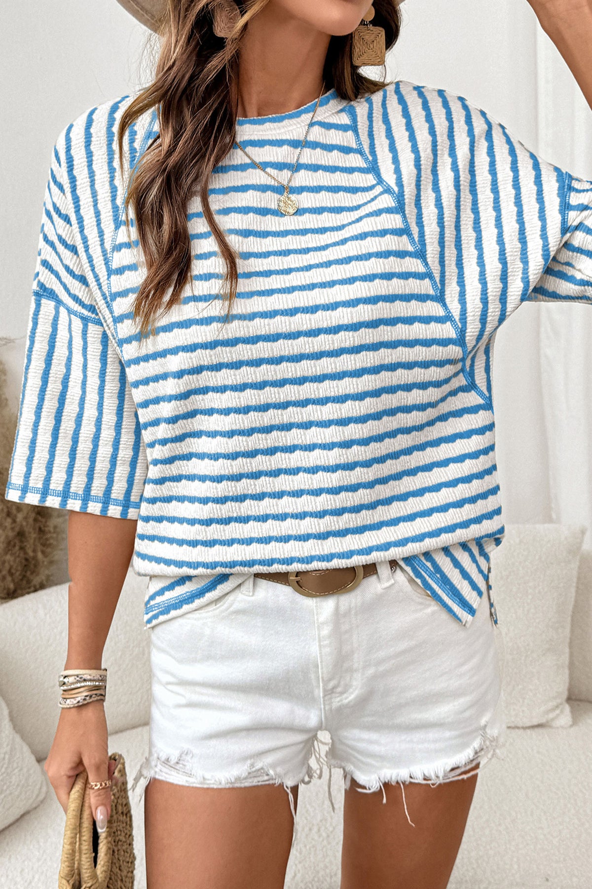 Blue Stripe Textured Knit Split Hem Half Sleeve Loose Top