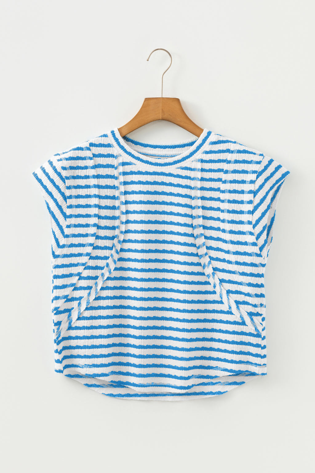 Blue Stripe Textured Short Sleeve Patchwork T Shirt