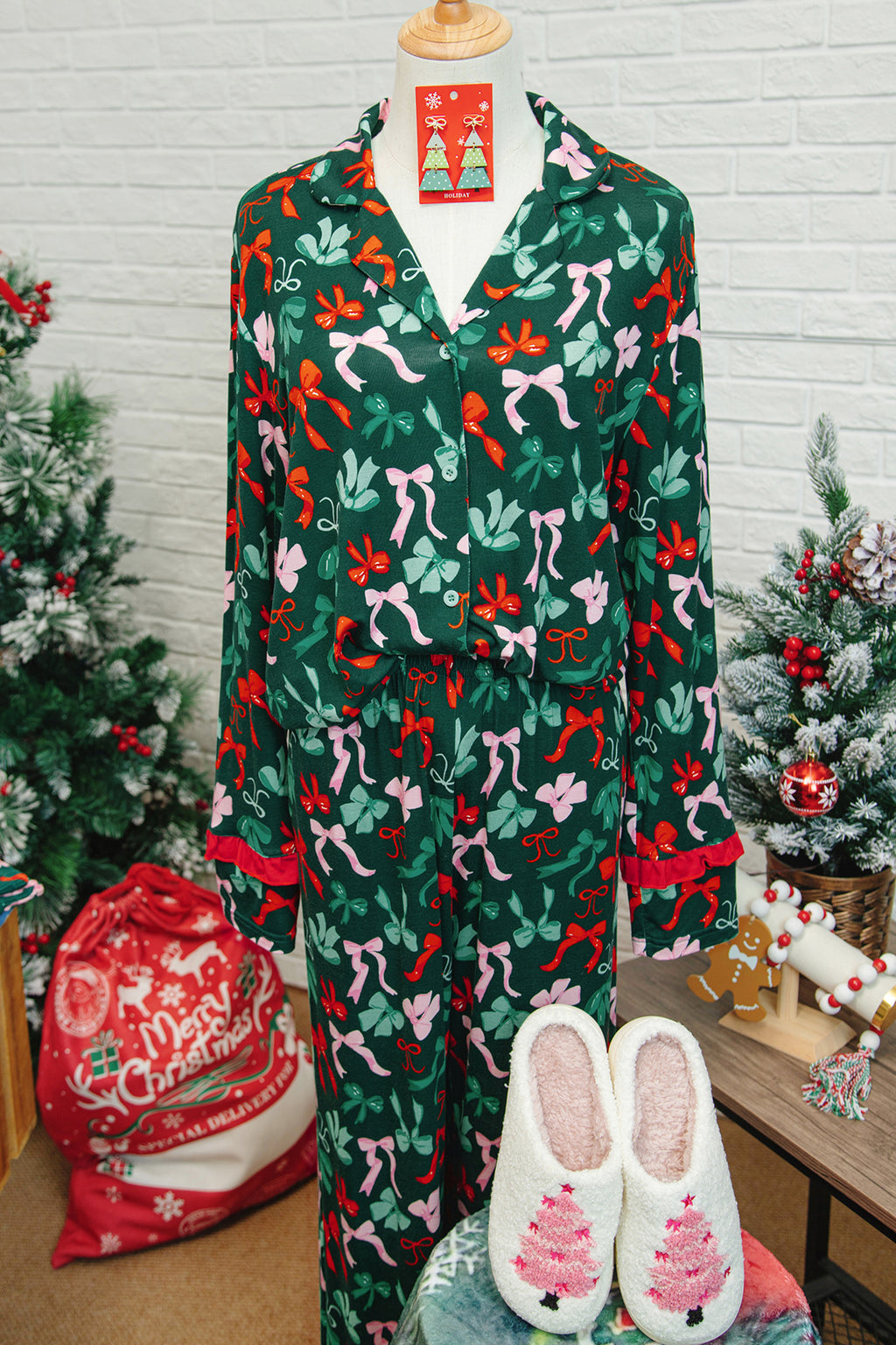 Green Festive Bow Print 2pcs Pajama Pant Set