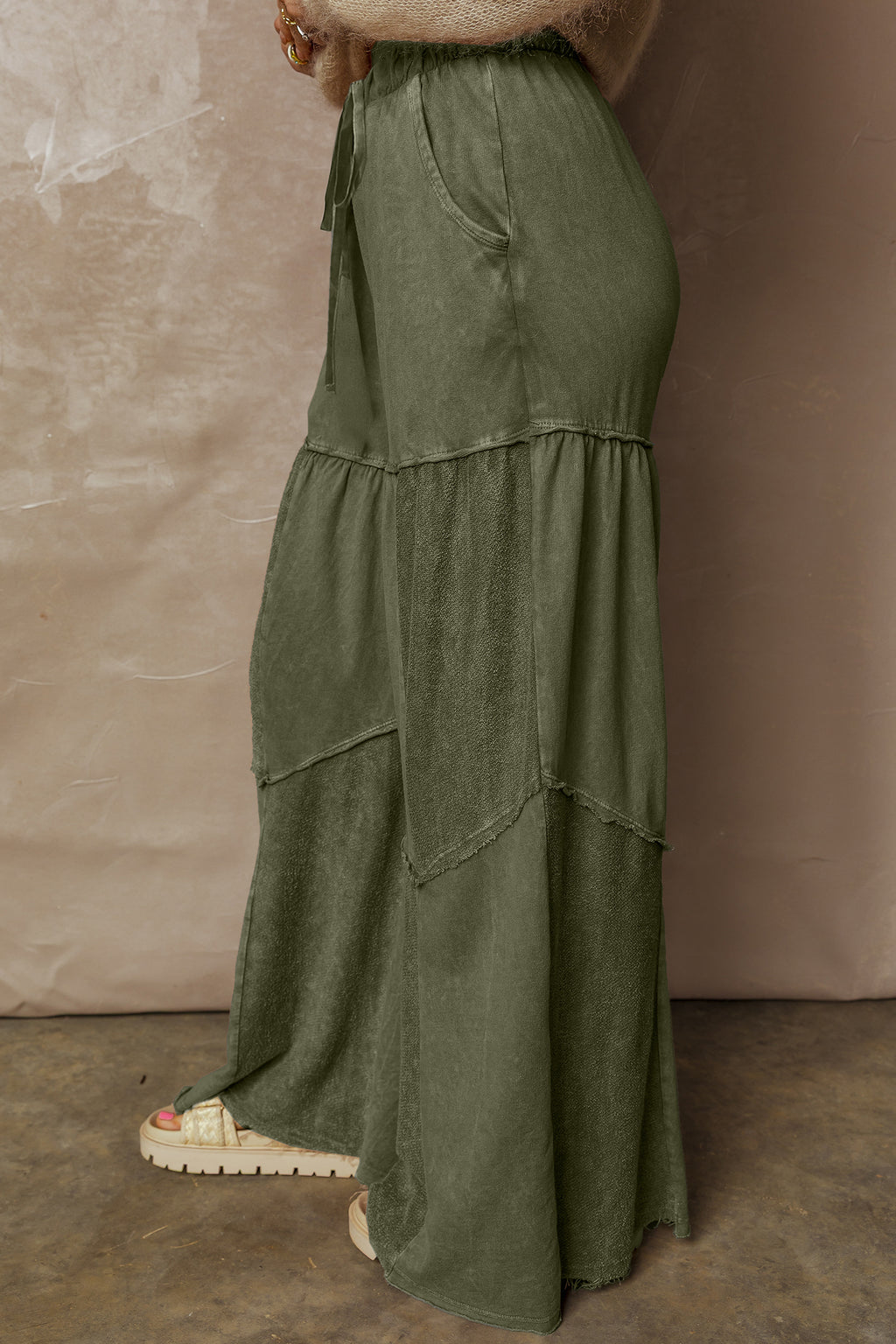 Careys Mineral Wash Tiered Wide Leg Patchwork Drawstring Pants