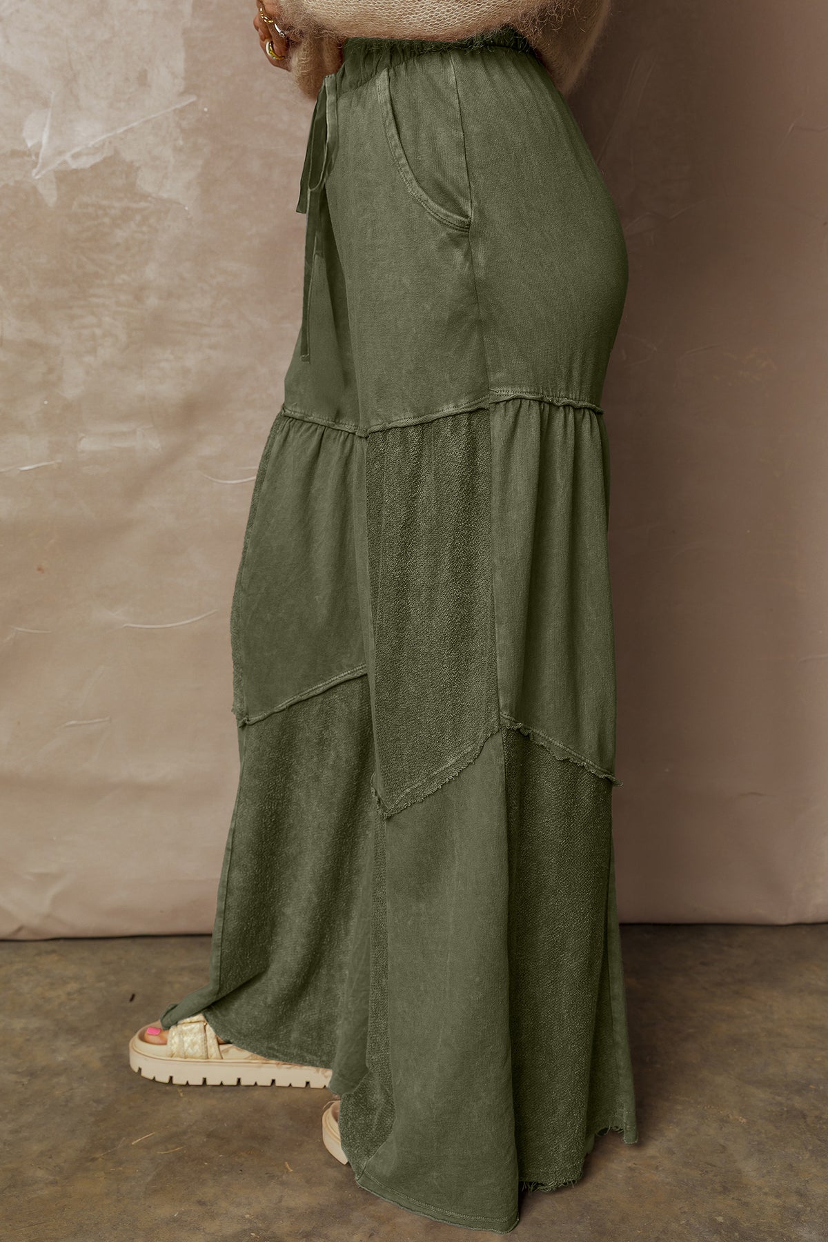 Careys Mineral Wash Tiered Wide Leg Patchwork Drawstring Pants