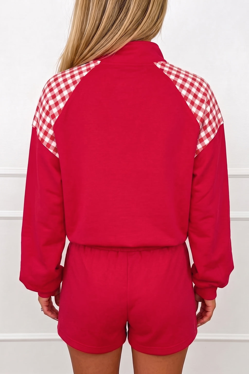 Fiery Red Plaid Patchwork Half Zip Pullover Drawstring Short Set