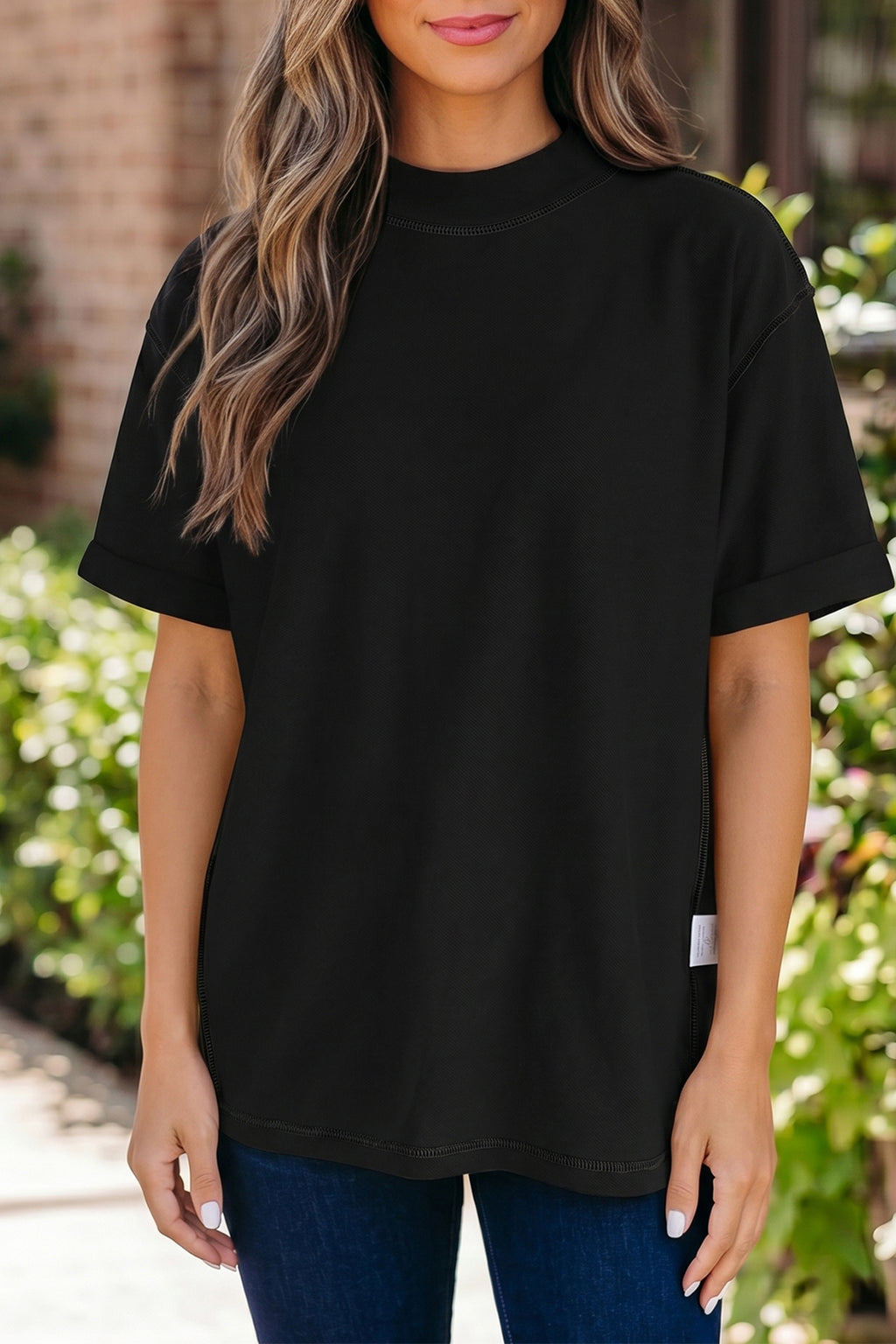 Dark Blue Solid Color High Neck Oversize Tee
