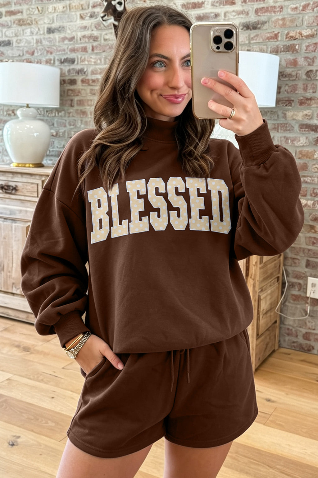 Red Christian Slogan Print Mock Neck Pullover and Shorts Set