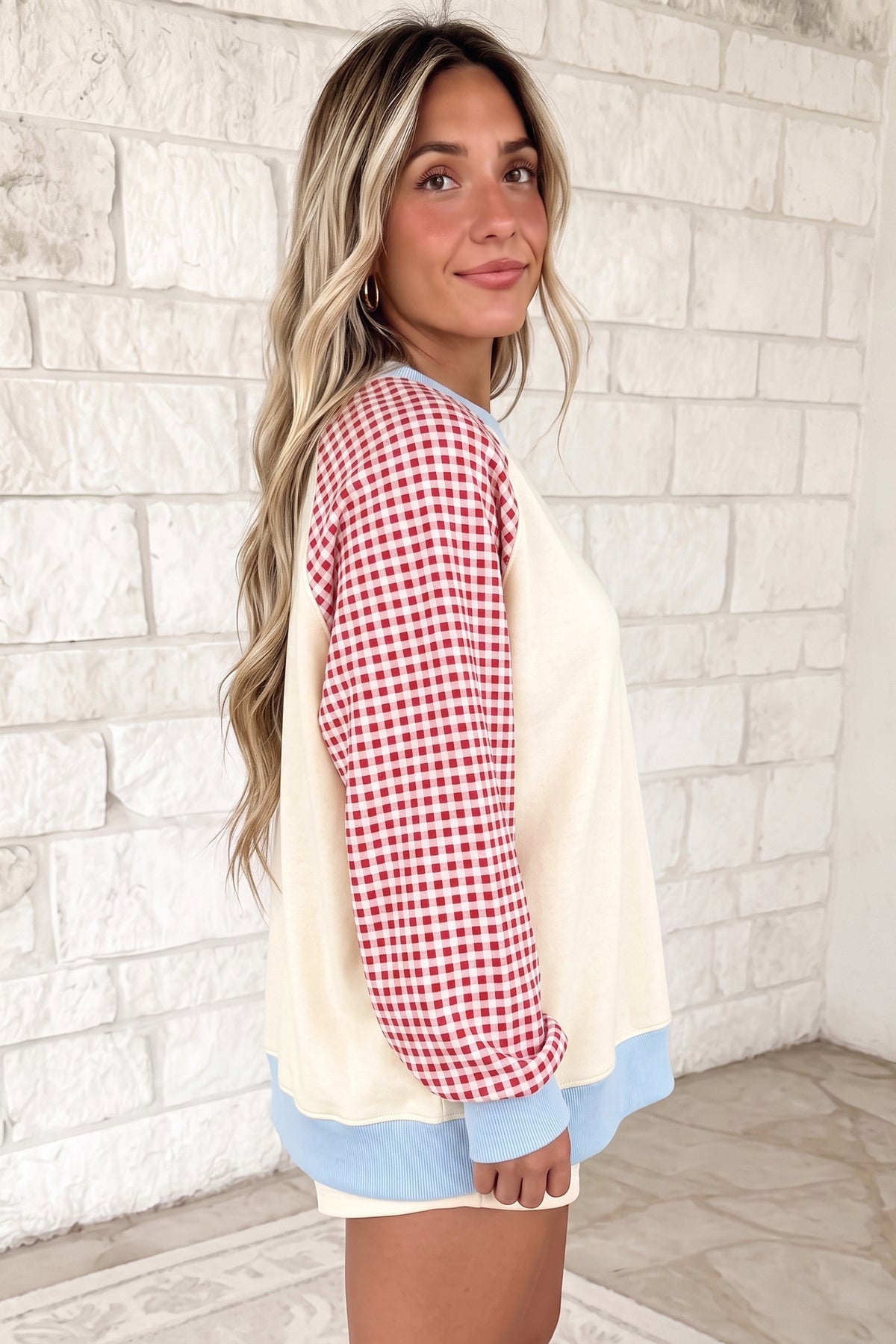 Light Blue Plaid Sleeve Colorblock Raglan Pullover Sweatshirt