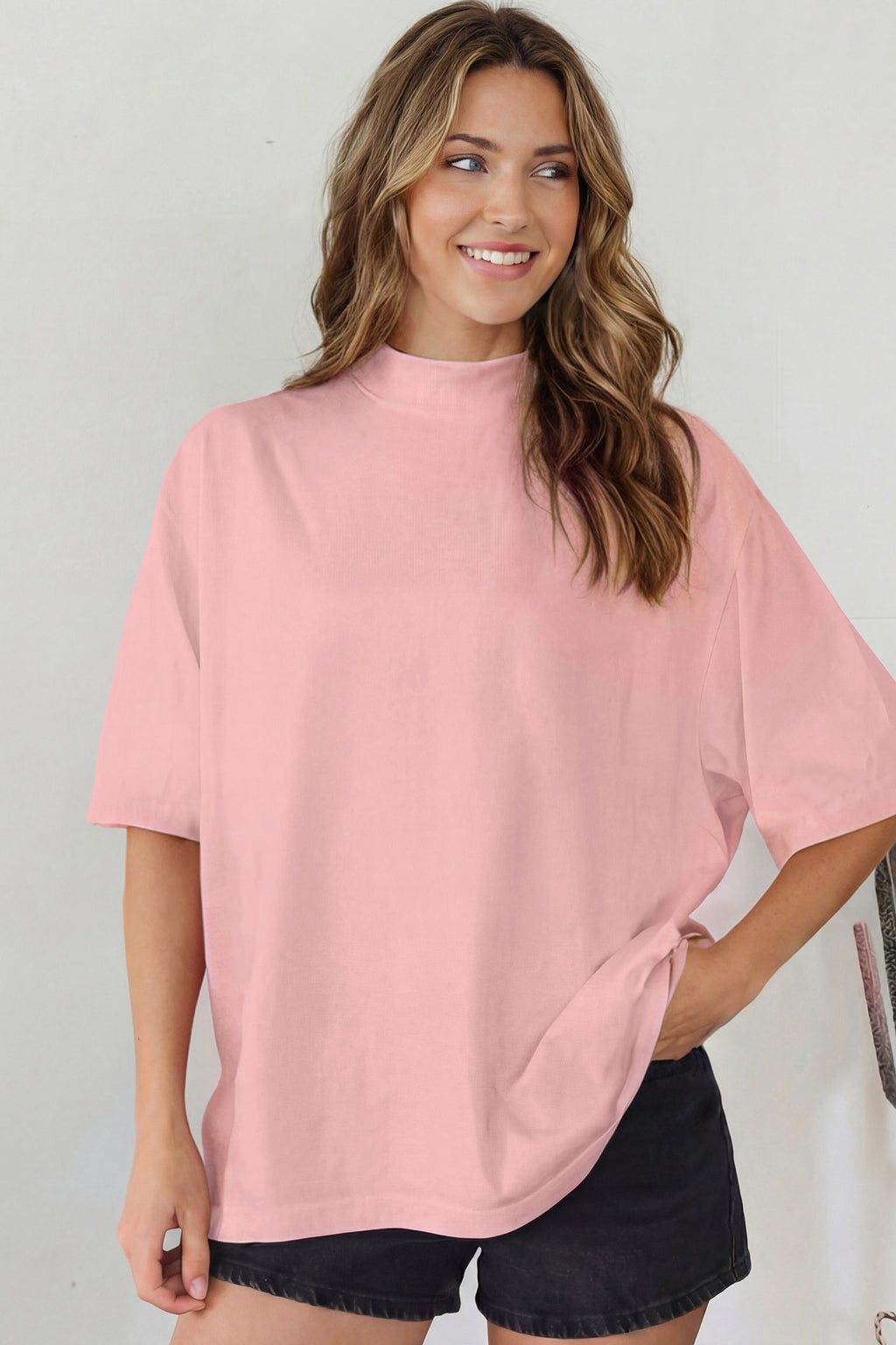 Dark Blue Solid Color High Neck Oversize Tee